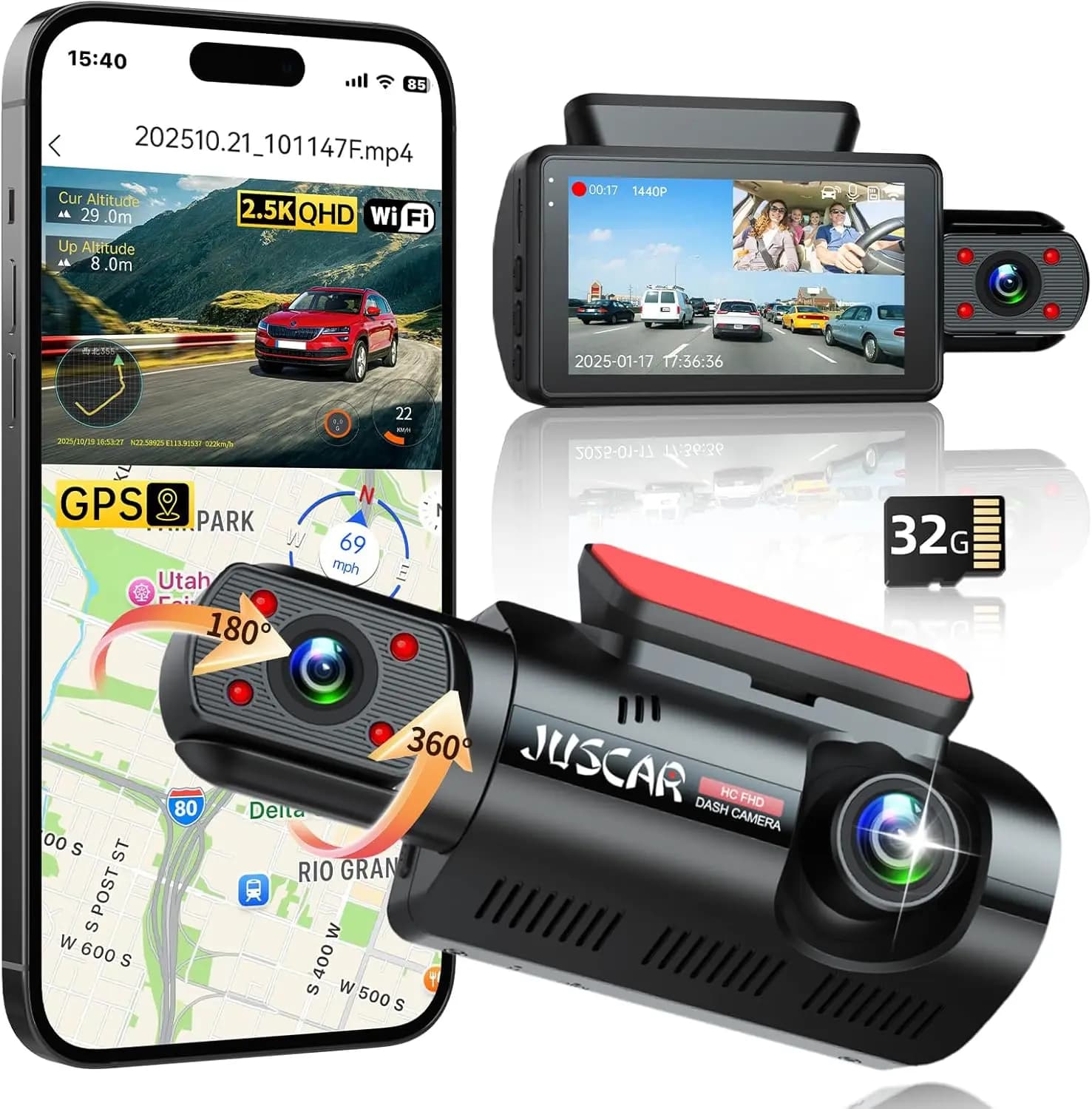 Doppia Dash Cam Anteriore e Interna 2.5K+1080P con WiFi GPS, Visione Notturna IR, Schermo IPS da 3'', Scheda da 32G Inclusa, Supporta Fino a 256GB
