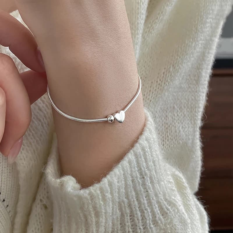 925 Sterling Silver Round Bead Heart-Shaped Snake Bone Bracelet For Women's Fashion Korean Version New Bracelet Wedding Jewelry