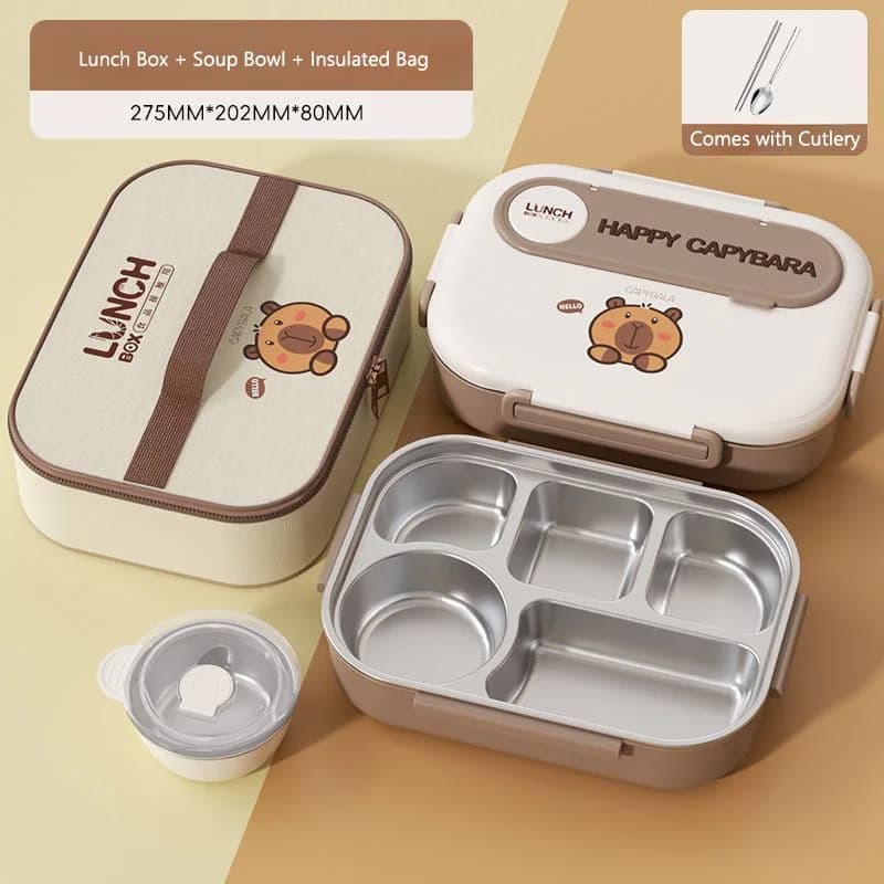 Porta Pranzo Cartoon Capibara con 5 Scomparti, Ciotola per Zuppa, Borsa Termica e Posate in Acciaio Inox, Bento Box per Adulti e Bambini, Kawaii