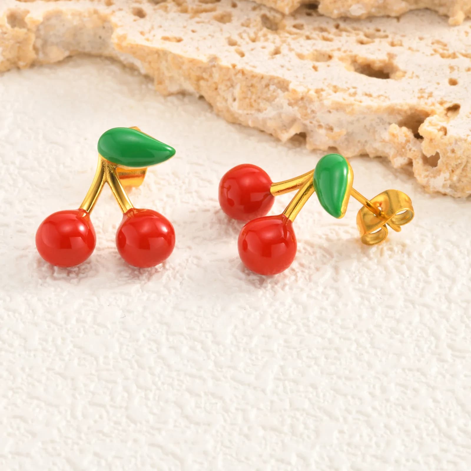 Cherry Earrings Stainless Steel Red Enamel Gold Plated Studs Waterproof Summer Beach Jewelry for Women