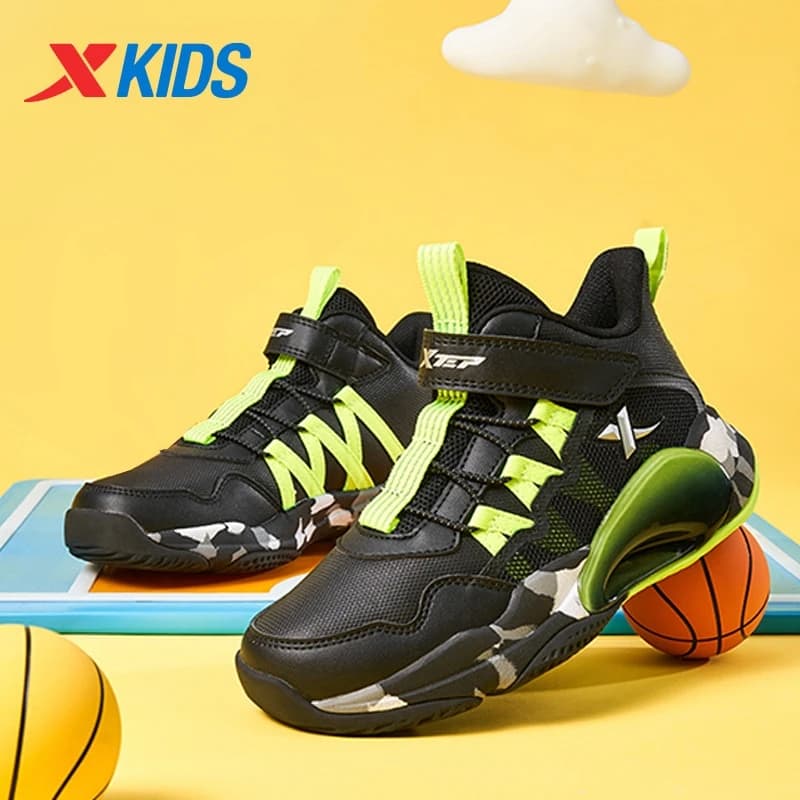 Xtep Kid's Basketball Shoes 2025 Spring Unisex Mesh Breathable Leather High-top Velcro Stitching Color Sneakers 676416129399