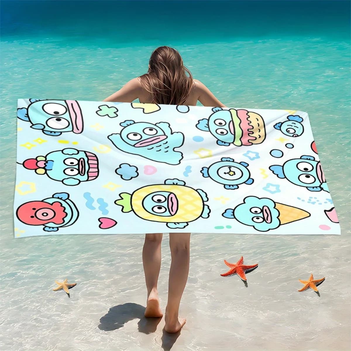 Asciugamano da spiaggia a tema Sanrio Hangyodon, stampa dessert kawaii, asciugamano leggero per l'estate, spiaggia, piscina, bagno, viaggi