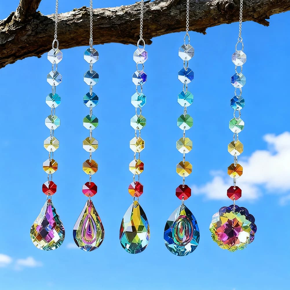 Colorful Crystals Sun Catchers Prisms Hanging with Chakra Beads Chain Car Pendant Chandelier Parts Window Christmas Garden Decor