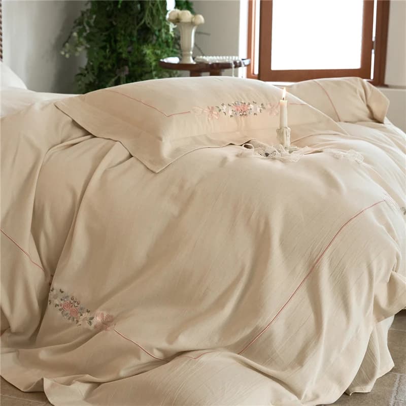 Set biancheria da letto in misto lino naturale ecologico Ricamo chic Morbido 30% lino 70% cotone Copripiumino Lenzuolo Federe