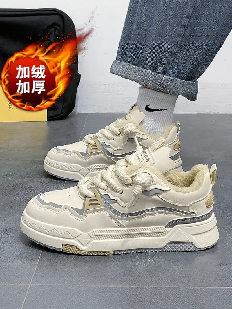 Men's Winter Fleece Lined Anti-Slip Warm Sports Shoes Casual All-Match Trendy Sneakers Youth Leisure Rubber Outsole round Toe