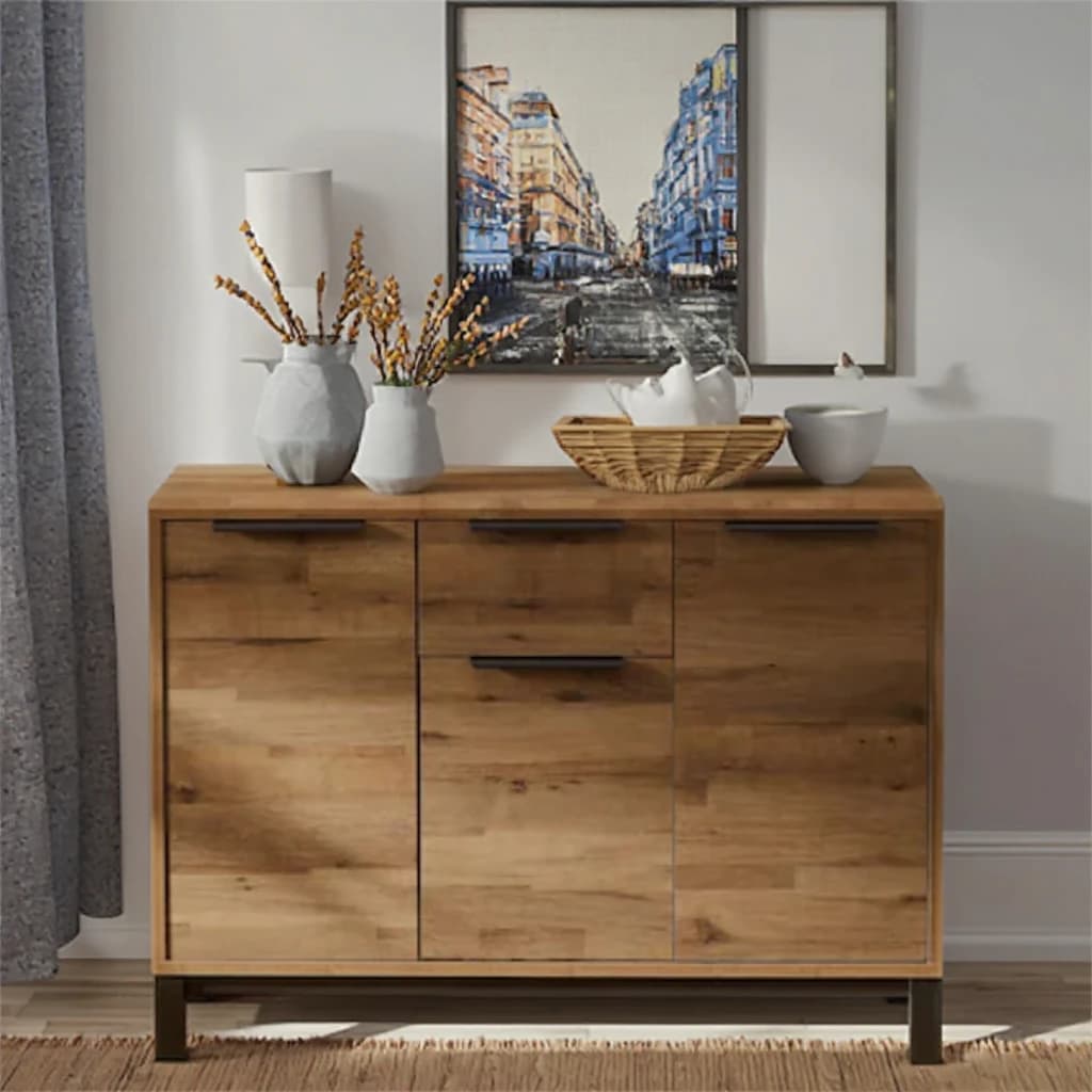 Bien Dark Bronx Oak Effect Credenza grande e sottile, mobili da cucina in legno con ante, cassetti, gambe in metallo, armadietto da buffet
