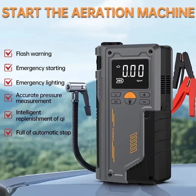 Avviatore di Emergenza Portatile per Auto e Pompa d'Aria 4 in 1, Compressore d'Aria, PowerBank, Dispositivo di Avviamento Auto con Luce LED