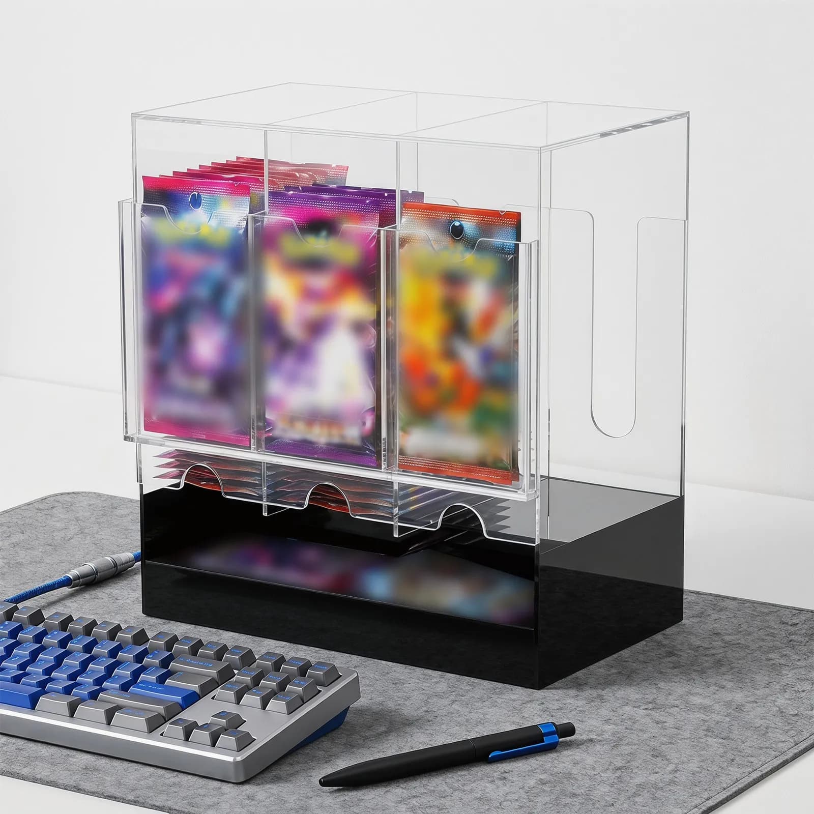 Clear Acrylic Trading Card Storage Box 3 Slots Booster Organizer Black Base Retail Counter Display Card Holder Organizer