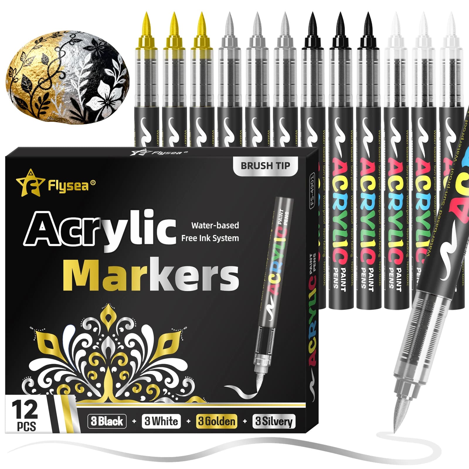 Confezione da 12 pennarelli con pigmento acrilico liquido (oro, argento, nero e bianco), pennarelli per pittura, pennarelli con punta in feltro, articoli di cancelleria