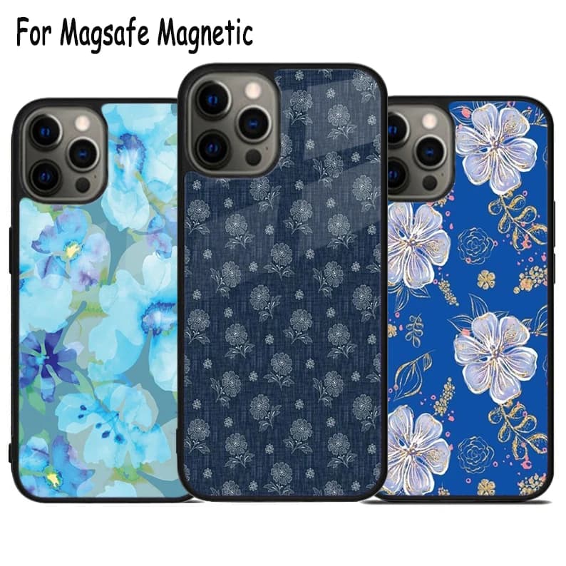 Custodia per telefono con ricarica wireless e motivo floreale blu per iPhone 17 Air 15 16 16e 14 13 11 12 Pro Max Plus, cover magnetica Magsafe con paraurti