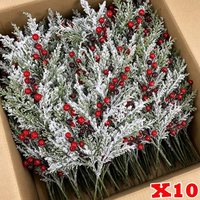 Artificial Snow Twig Flower Ornaments Cypress Leaves Christmas Red Berries Pine Needles Branch Flower Fake Plant DIY Home Craft
