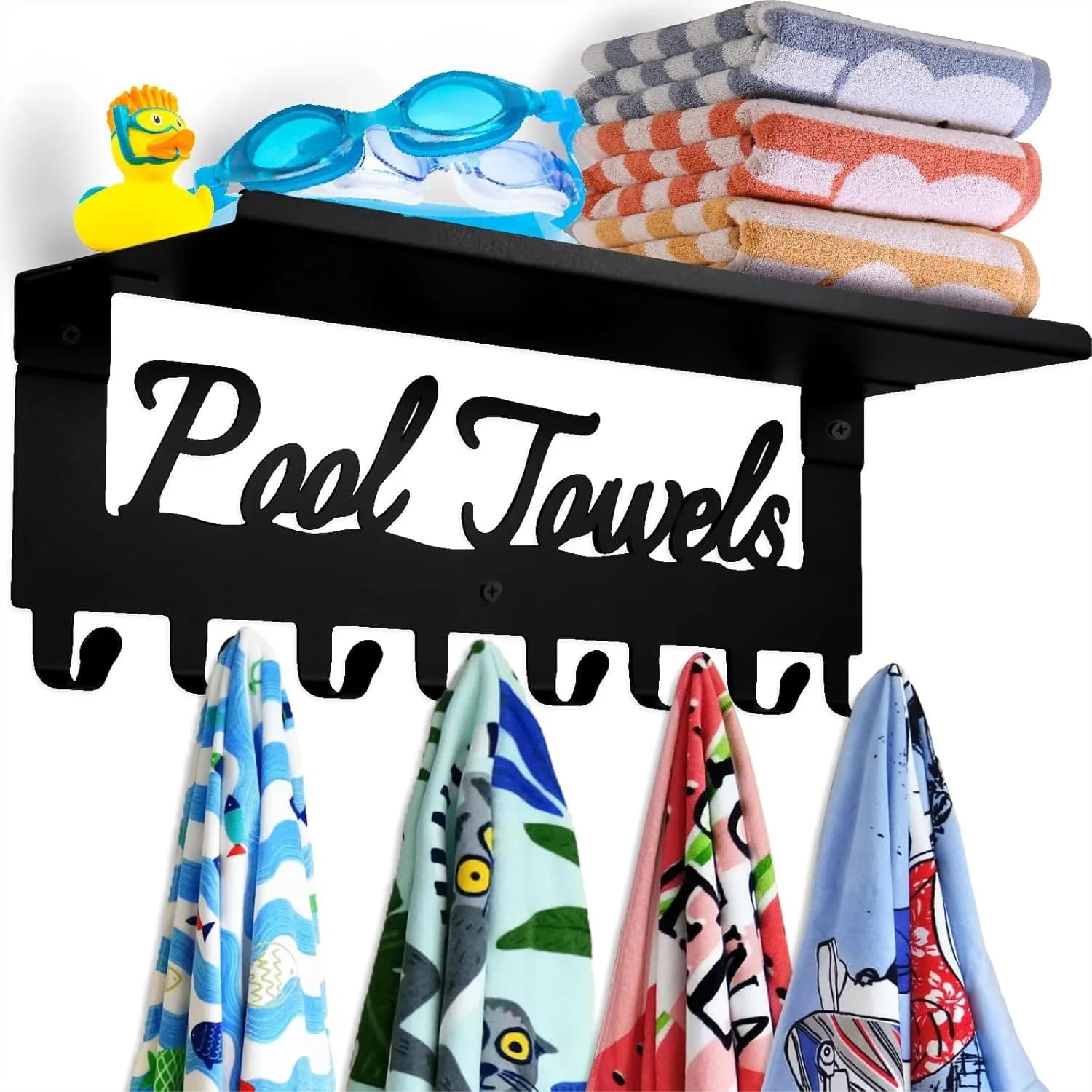Portasciugamani da parete con mensola e 8 ganci per bagno, piscina, esterno - Organizzatore in acciaio al carbonio per accappatoi, asciugamani, costumi da bagno