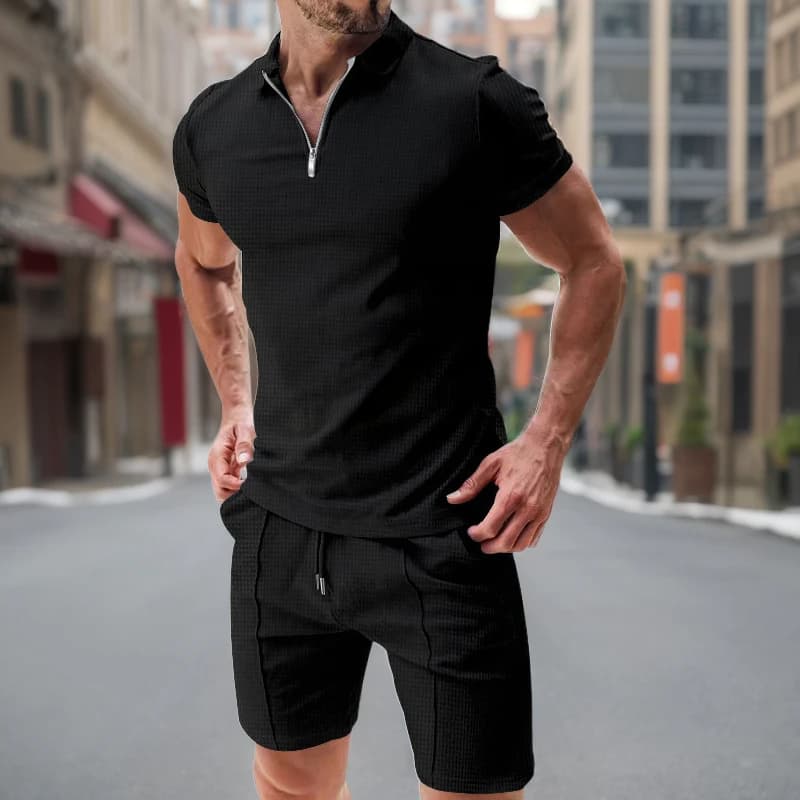 Men's summer suit 2026 Europe and the United States, new, in waffle fabric, with zip and twist, short sleeves, shorts, two pieces