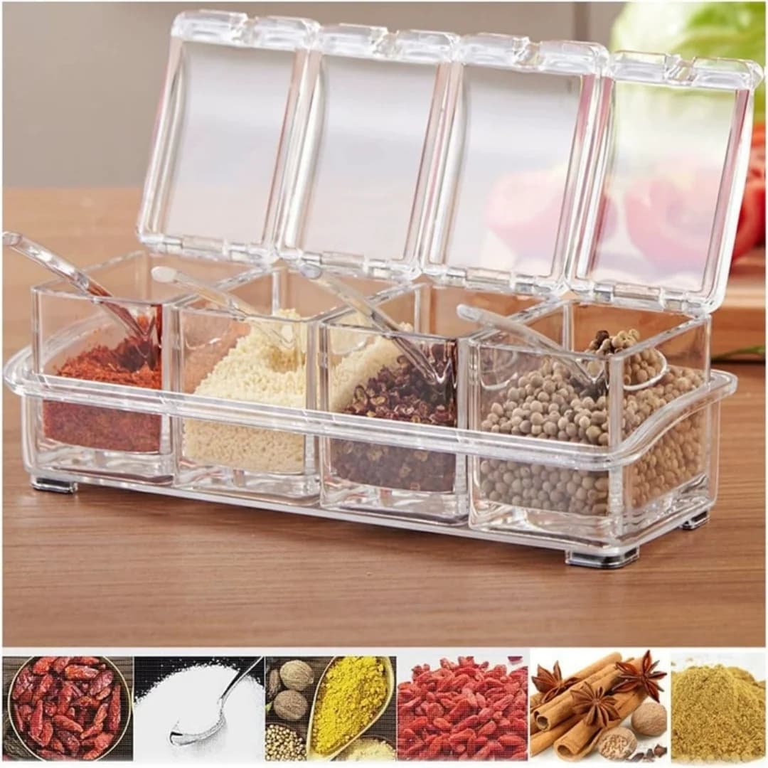 Set di Barattoli per Spezie in Plastica PS Trasparente, 4 Scomparti, Contenitore per Condimenti da Cucina con Cucchiai, Organizzatore Rimovibile per Sale e Zucchero