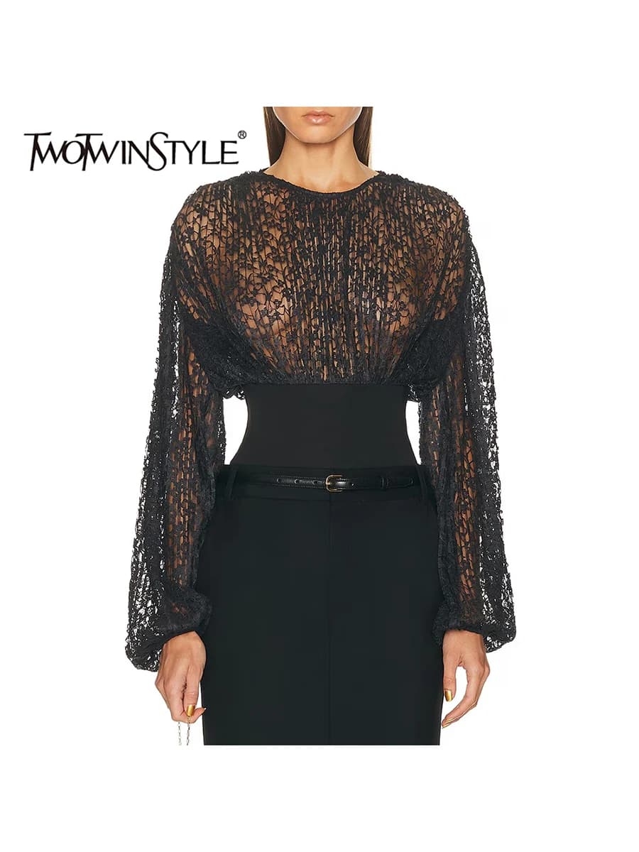 TWOTWINSTYLE Solid Sheer Slim Fitted Shirts Sexy Shirts for Women Crew Neck Long Sleeve Fashion Shirt Women's Clothing New