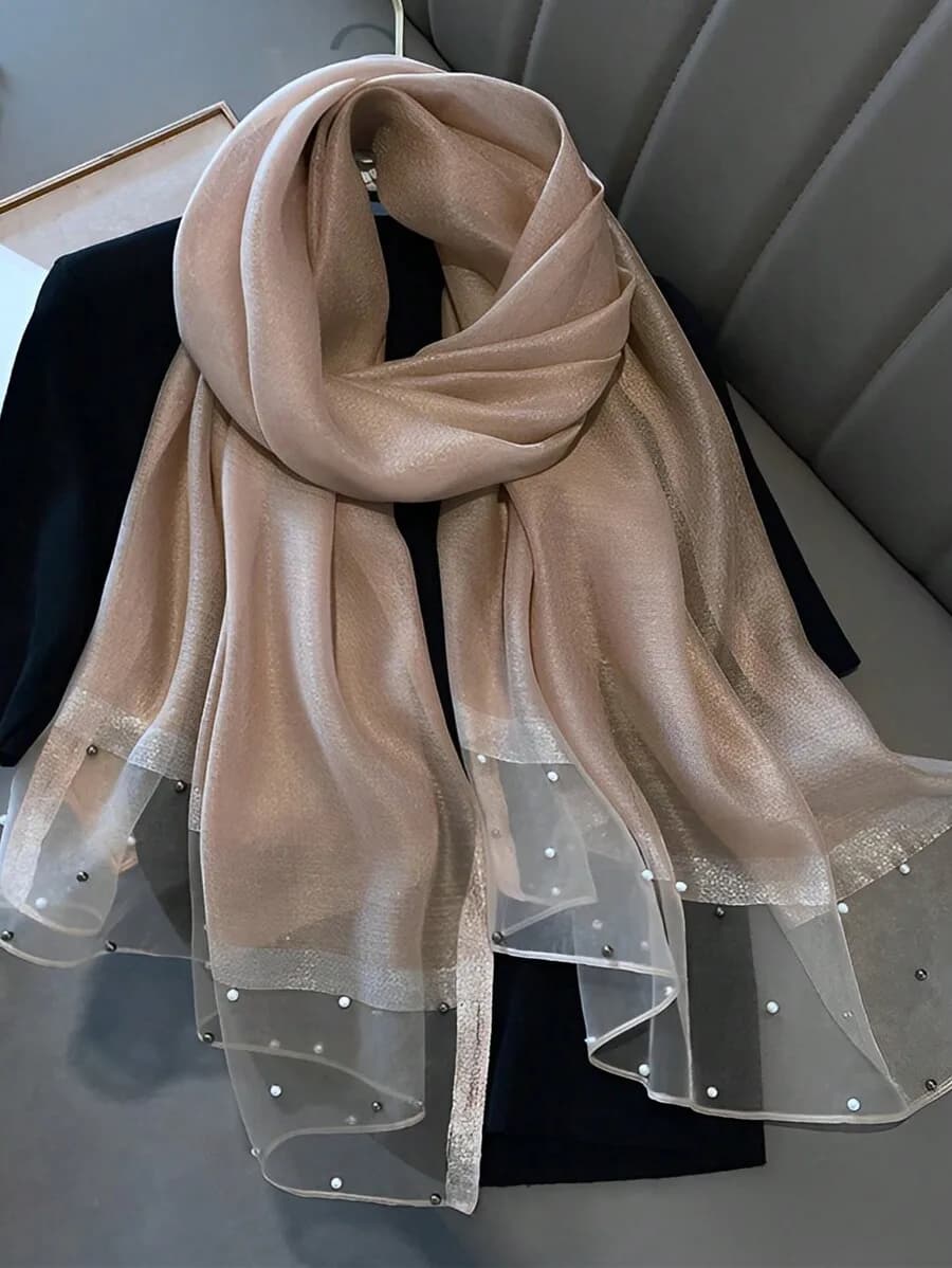 Elegante sciarpa in misto lana e seta con perle finte per donna, colore unico, lunga e avvolgente per protezione solare estiva e calore invernale