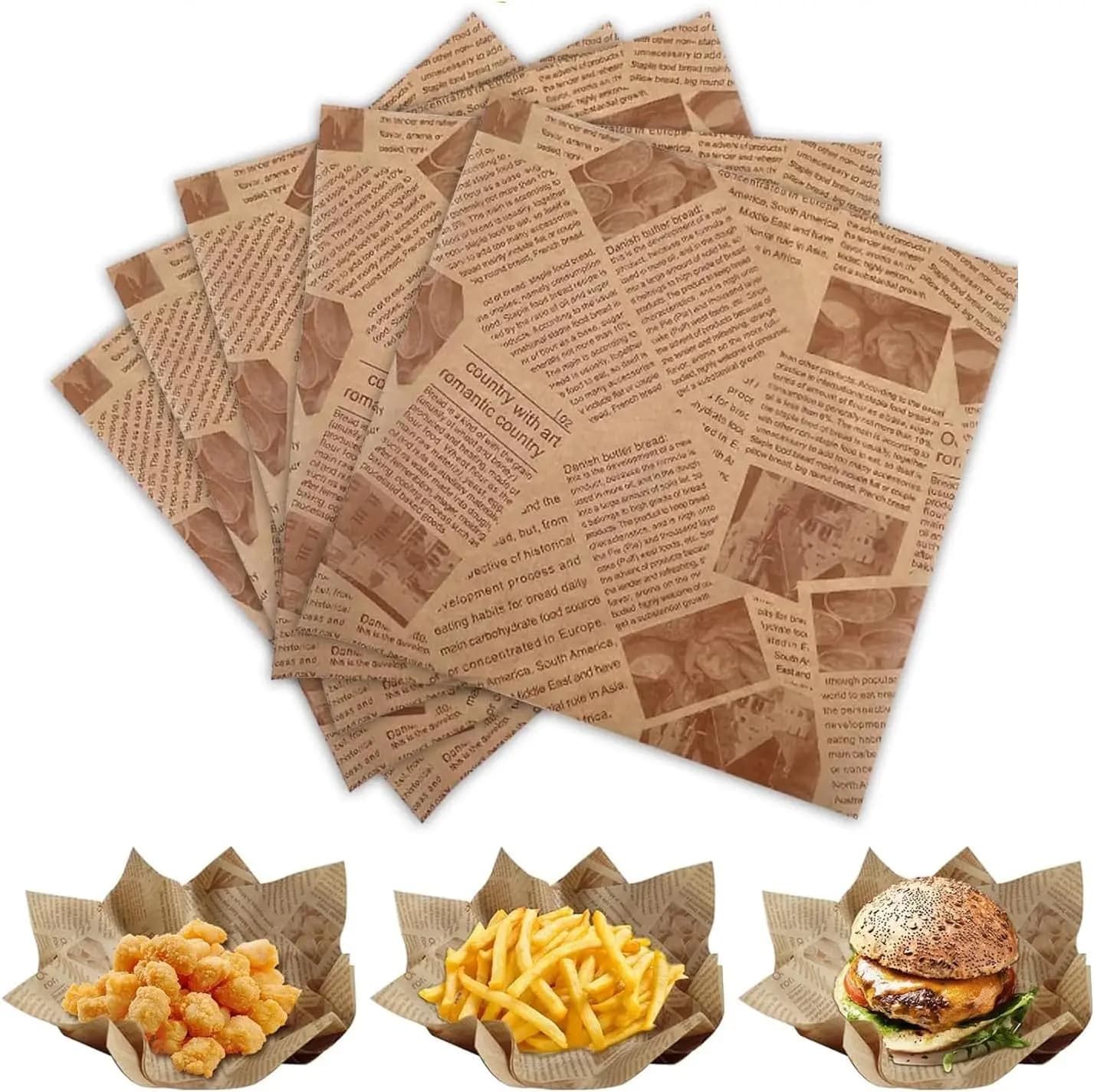50/100 fogli di carta per alimenti, fogli di carta cerata per hamburger, patatine fritte, fodere per cestini alimentari, carta in stile vecchio giornale per la cucina