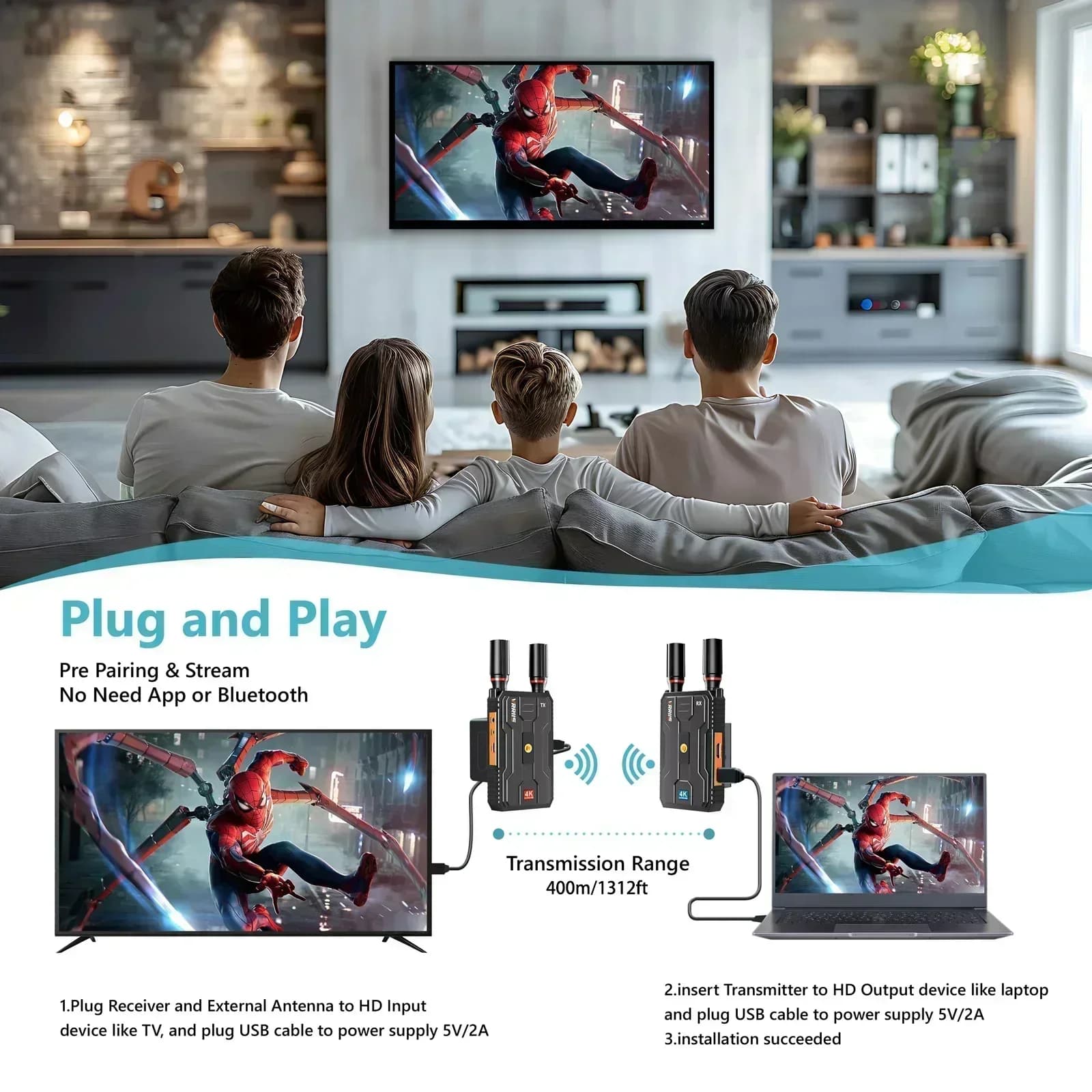 Sistema di trasmissione audio/video wireless 4K Vrriis WL097 PRO, estensore HDMI per streaming live da fotocamera / PC portatile a monitor TV