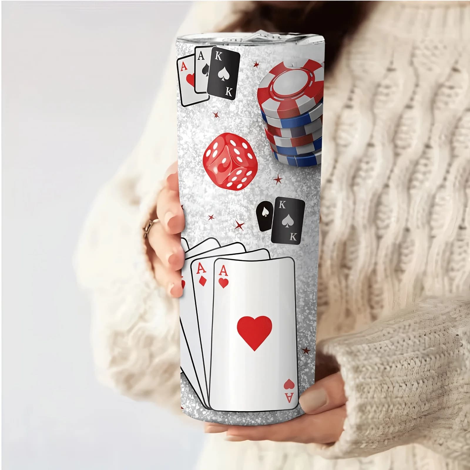 1pc 20oz Stainless Steel Vacuum Insulated Bottle Cup Poker Element Printing Portable Cup Leisure Entertainment Wind Water Cup Long-Lasting Cold Insulation Car Coffee Cup Suitable for Chess Lovers, Friends Gifts, Parties