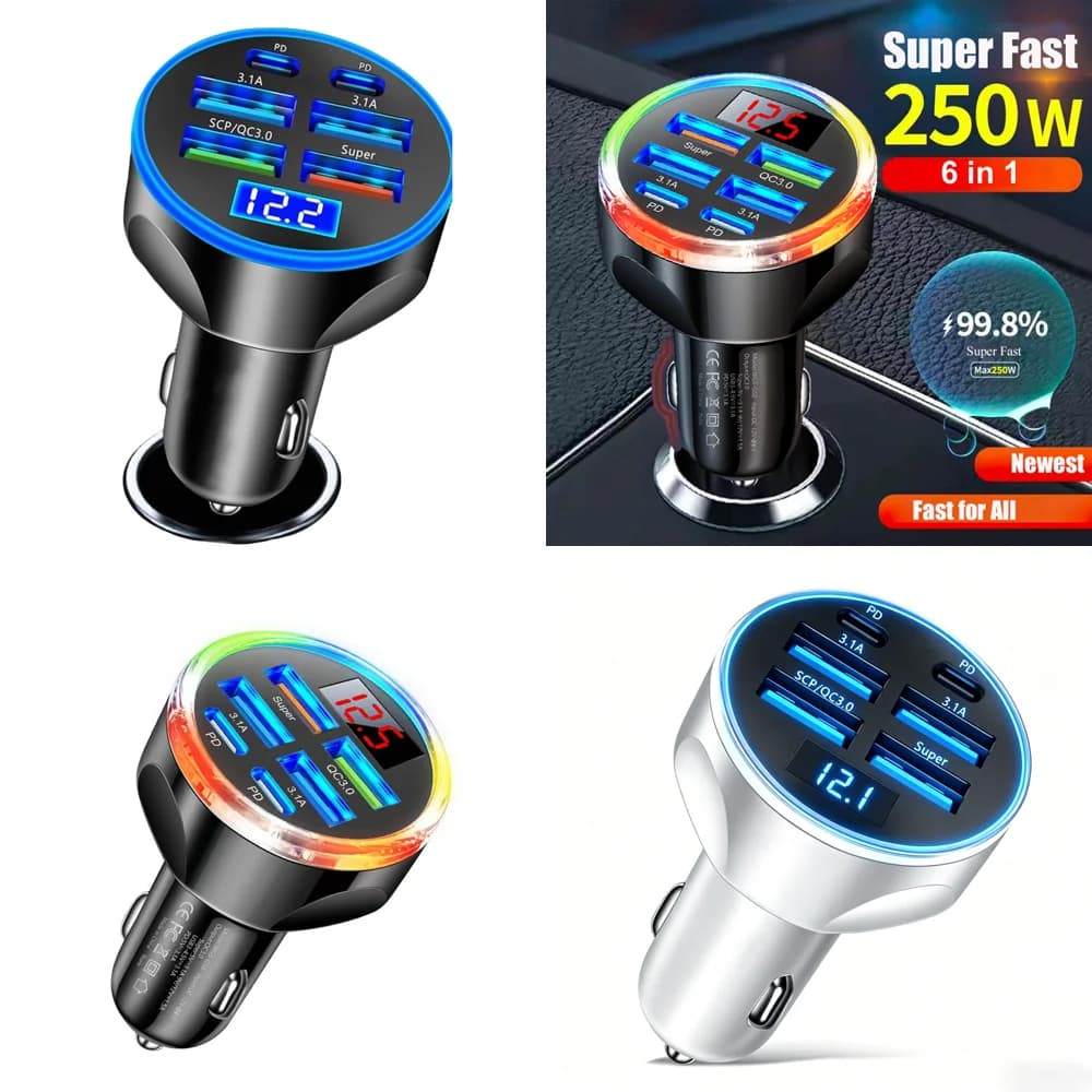 Caricabatterie da Auto USB C 6 in 1 con Display di Tensione, Adattatore per Ricarica Super Veloce con Voltmetro per iPhone Nuovo 2026