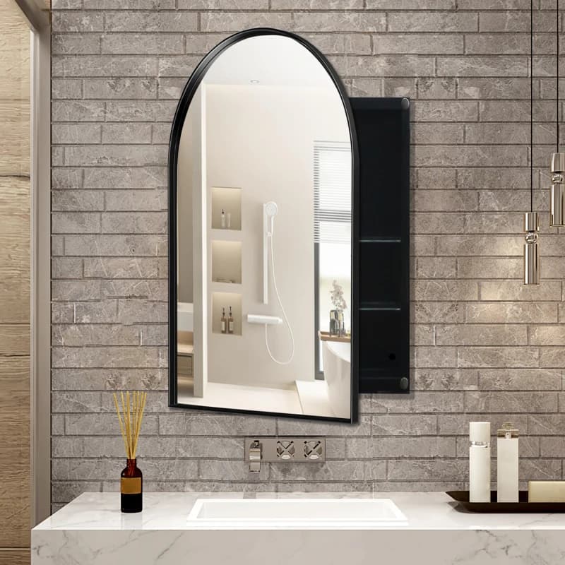 Armadietto a Specchio da Bagno Incassato ad Arco 24x36 Pollici, Mobile da Parete con Cornice in Metallo, Specchio e Ripiani Regolabili