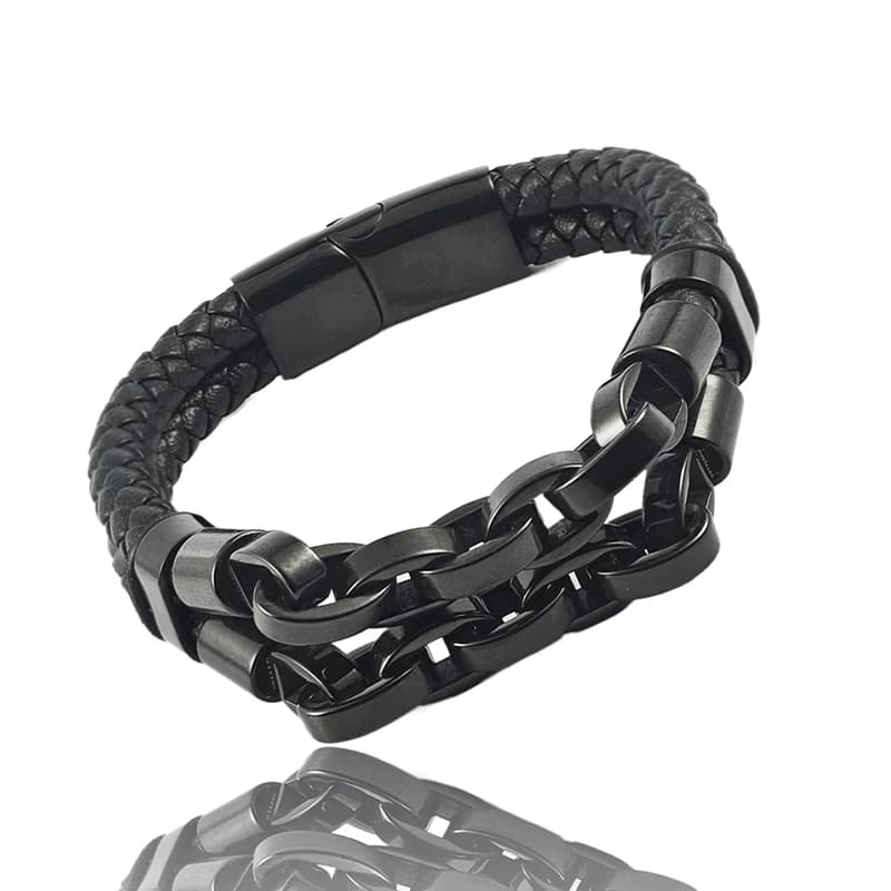 Bracciale da Uomo in Pelle Stile Catena Cubana, Braccialetto Punk in Acciaio Inossidabile Intrecciato con Chiusura Magnetica, Accessorio Gioiello da Polso, Regalo