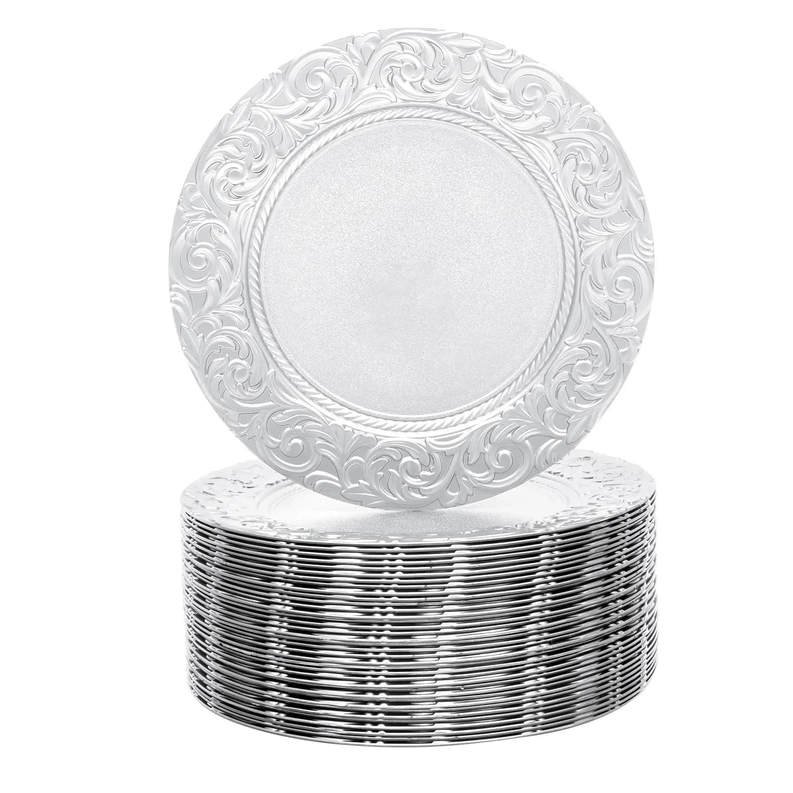 Gift for Thanksgiving Day Charger plates in silver from 100 bulk pieces, 13 inch round charger plates, reusable charger for silver plates with
