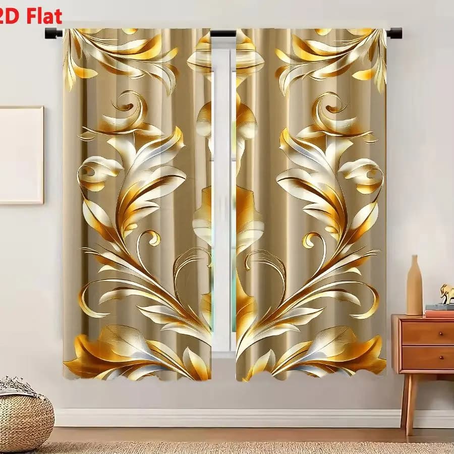 2Pcs Curtains Add 2D Flat Luxurious Ornate Baroque Floral Urn Pattern Gold Cream White Beige Vertical Symmetrical Design Window