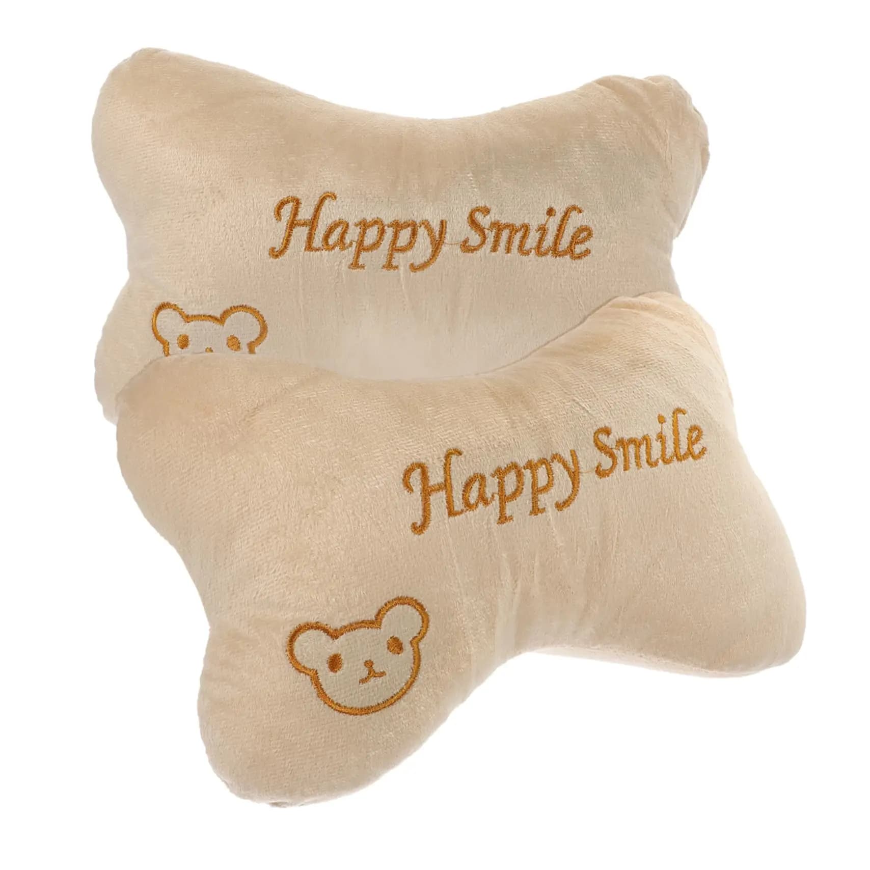 2 cuscini beige in peluche per il supporto del collo con orsetto ricamato e sorriso felice per dormire durante i viaggi in auto
