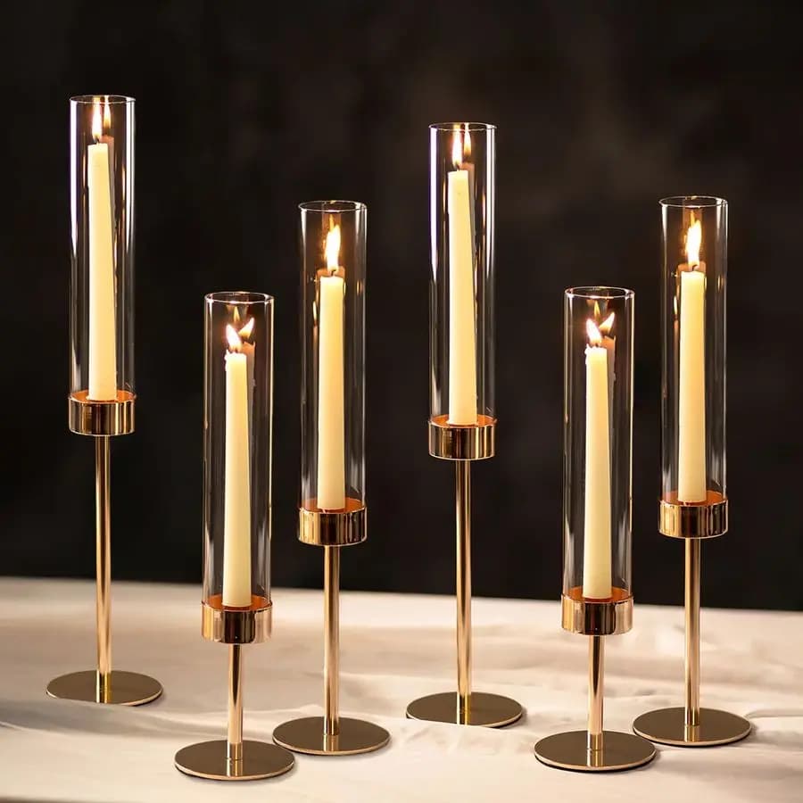 Hurricane Candle Holder for Stem Candles, 6 Pieces, Gold, High Modern Cylindrical Shape Candle Holder for Decoration
