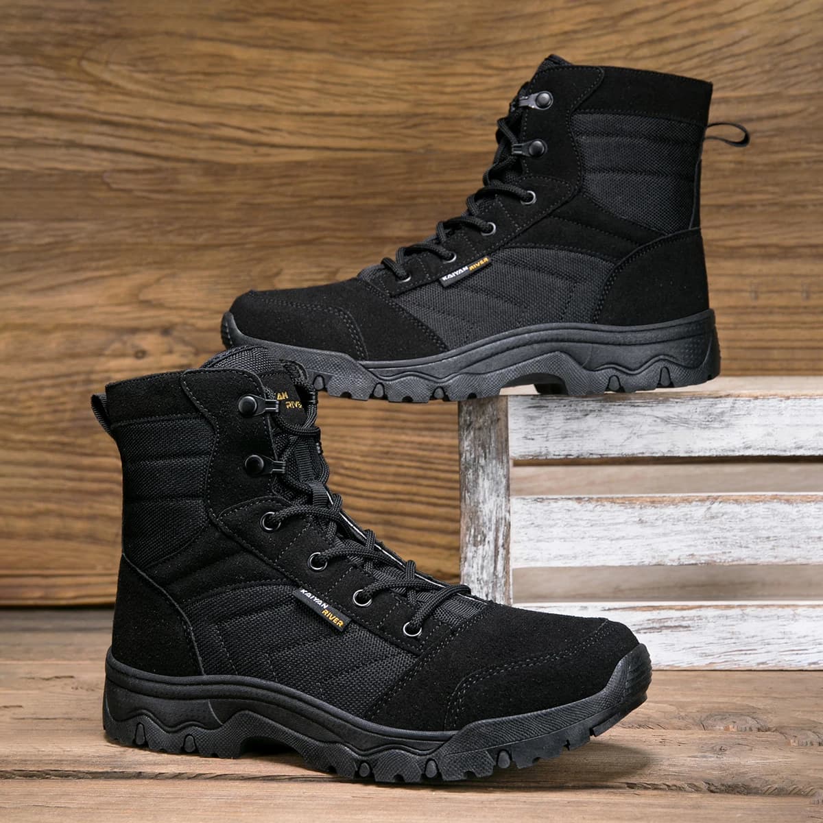 Leather Hiking Boots Mens Winter Outdoor Warm Fur Non Slip Fashion Hike Ankle Boot Black Hunting Boots Rubber Large