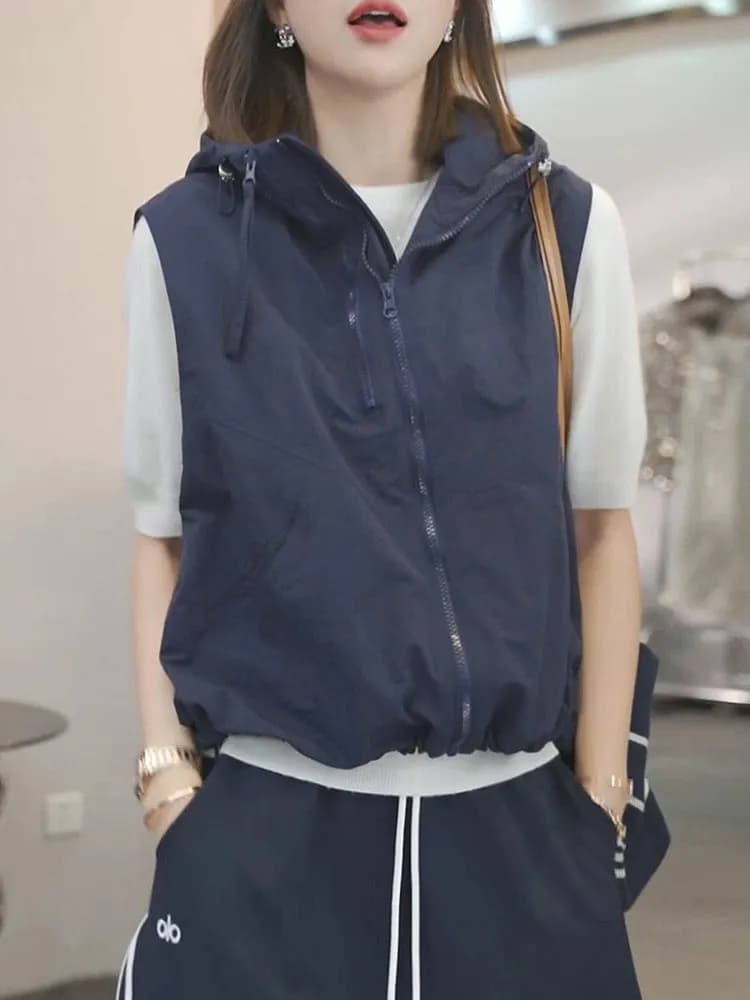 Loose Blue Vest Top Women's Summer Sleeveless Hoodie Fashionable Ageless Layering Clothing Classic Pattern Breathable Fabric