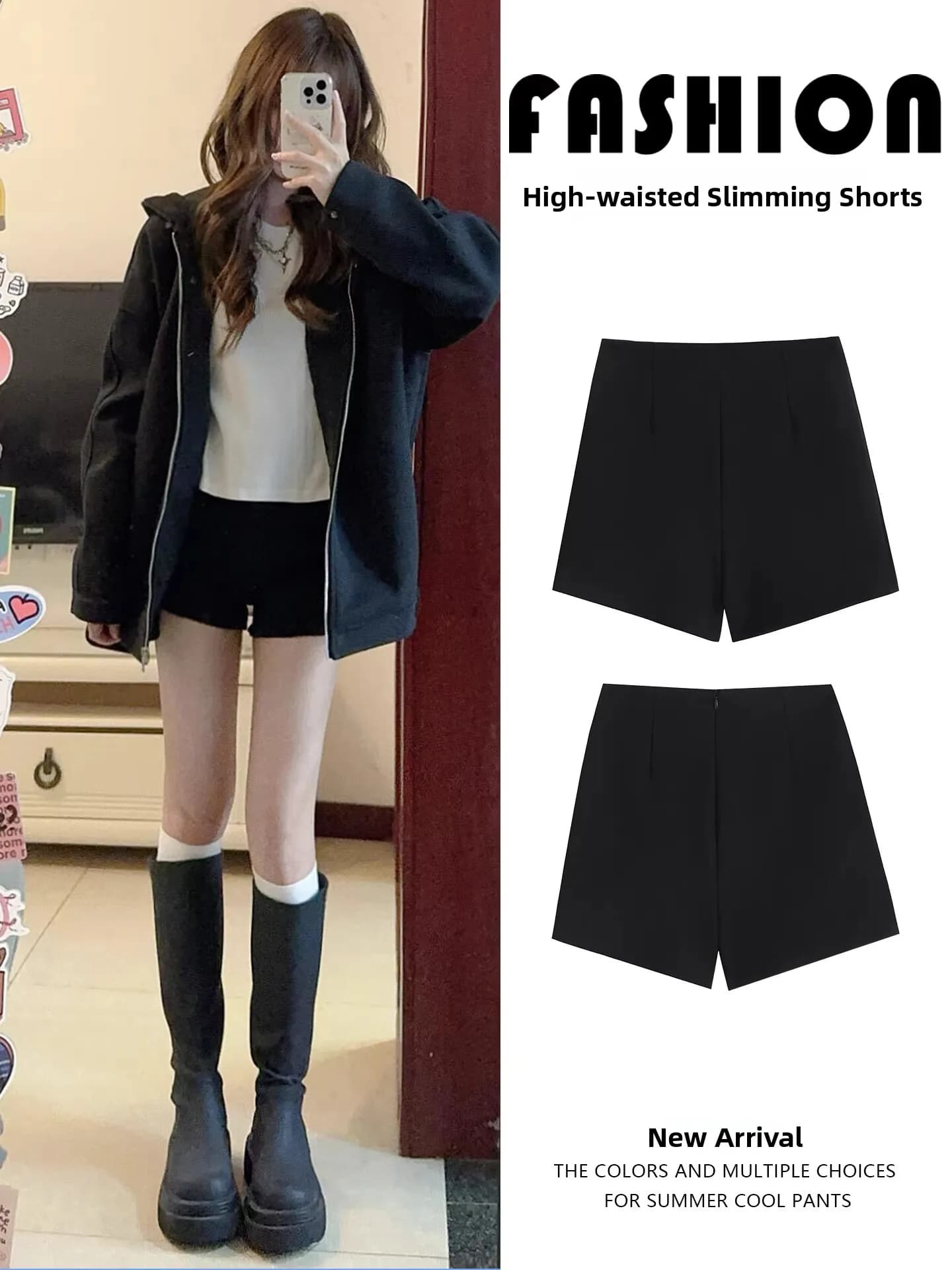 Pantaloncini Neri a Vita Alta a Trapezio da Donna Primavera Estate 2026, Hot Pants Modellanti, Stile Coreano per il Pendolarismo