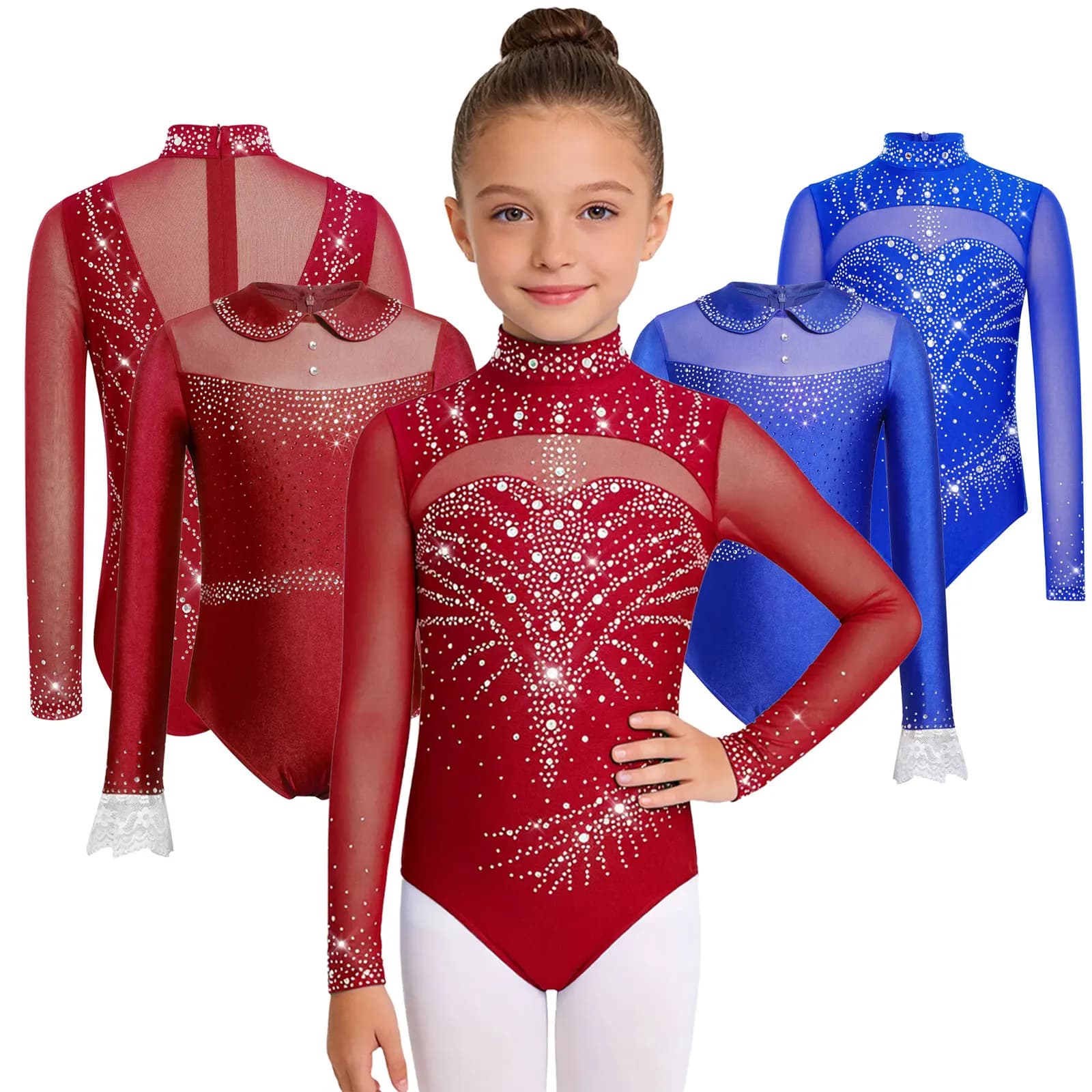 Costume da Ginnastica Artistica per Bambine, Body da Pattinaggio Artistico e Balletto con Strass Scintillanti, Tuta per Competizioni di Danza