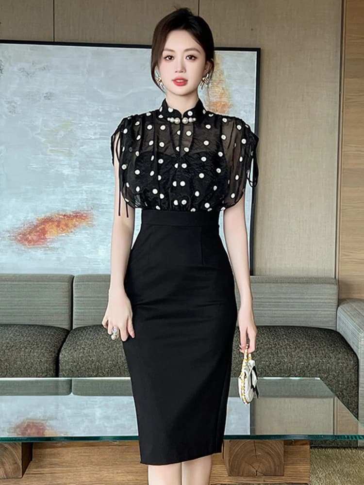 Retro Cheongsam Falso 2 Pezzi Vestito Da Partito Delle Donne Elegante Sheer Dot Maglia Splice Bottone di Perle Coulisse Midi Robe Qipao Abiti