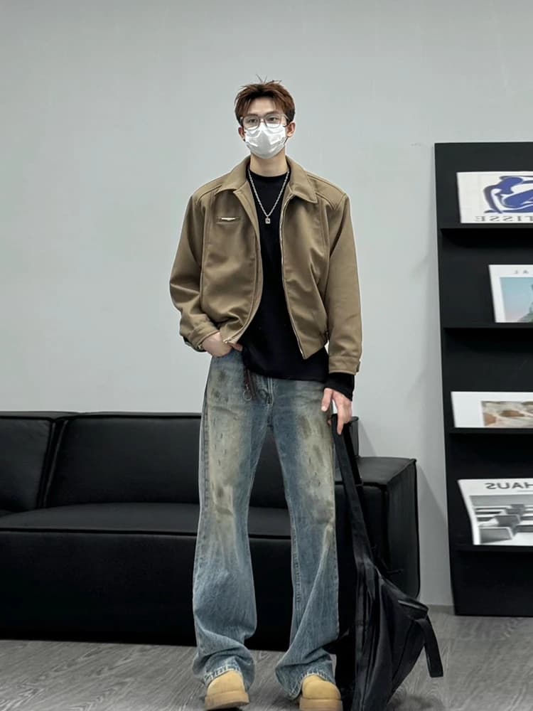 Khaki Padded oulder Jaet Men's Trendy High-End Adstrative Balame ort Sle for Young People Casual Loose Fit Jeans