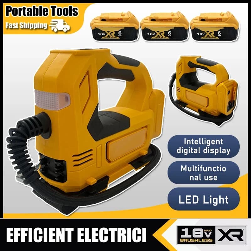 Pompa d'aria portatile senza fili per gonfiaggio pneumatici auto, pompa elettrica per moto compatibile con batteria Dewalt 18V