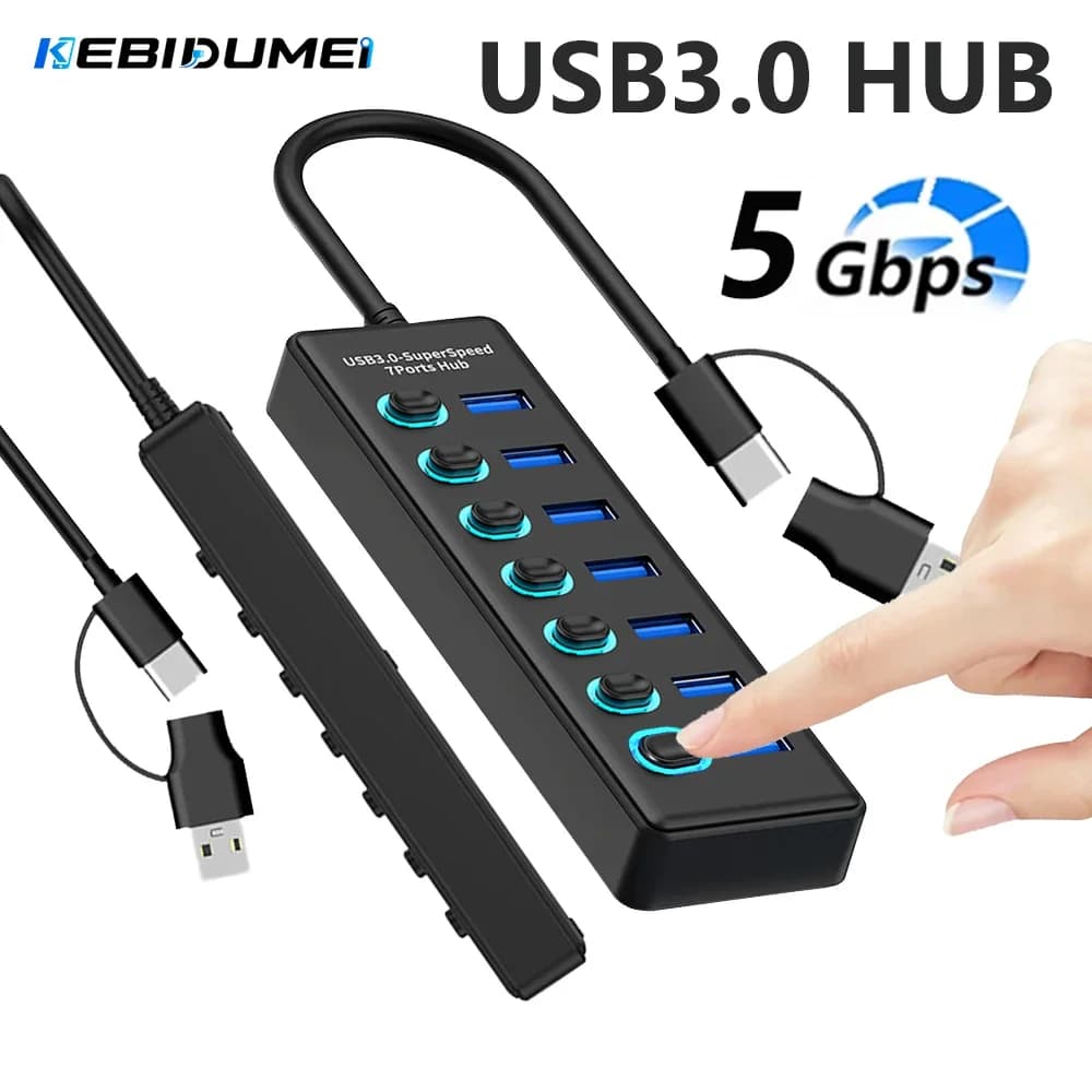 KEBIDUMEI 7 Ports USB HUB 5Gbps High Speed Transmission USB 3.0 Dock Station With On/Off Switch Computer Accessories for Laptop
