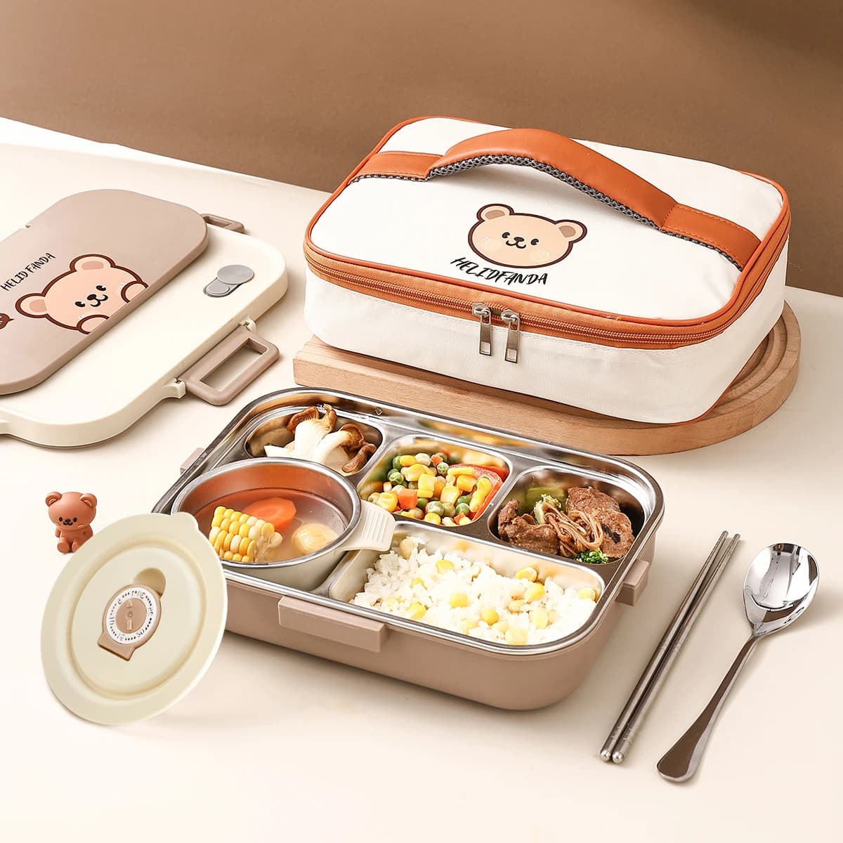 WORTHBUY Lunch Box in acciaio inossidabile 304 a 4 griglie con posate e ciotola Contenitore per alimenti portatile per alimenti caldi e freddi per studenti e bambini