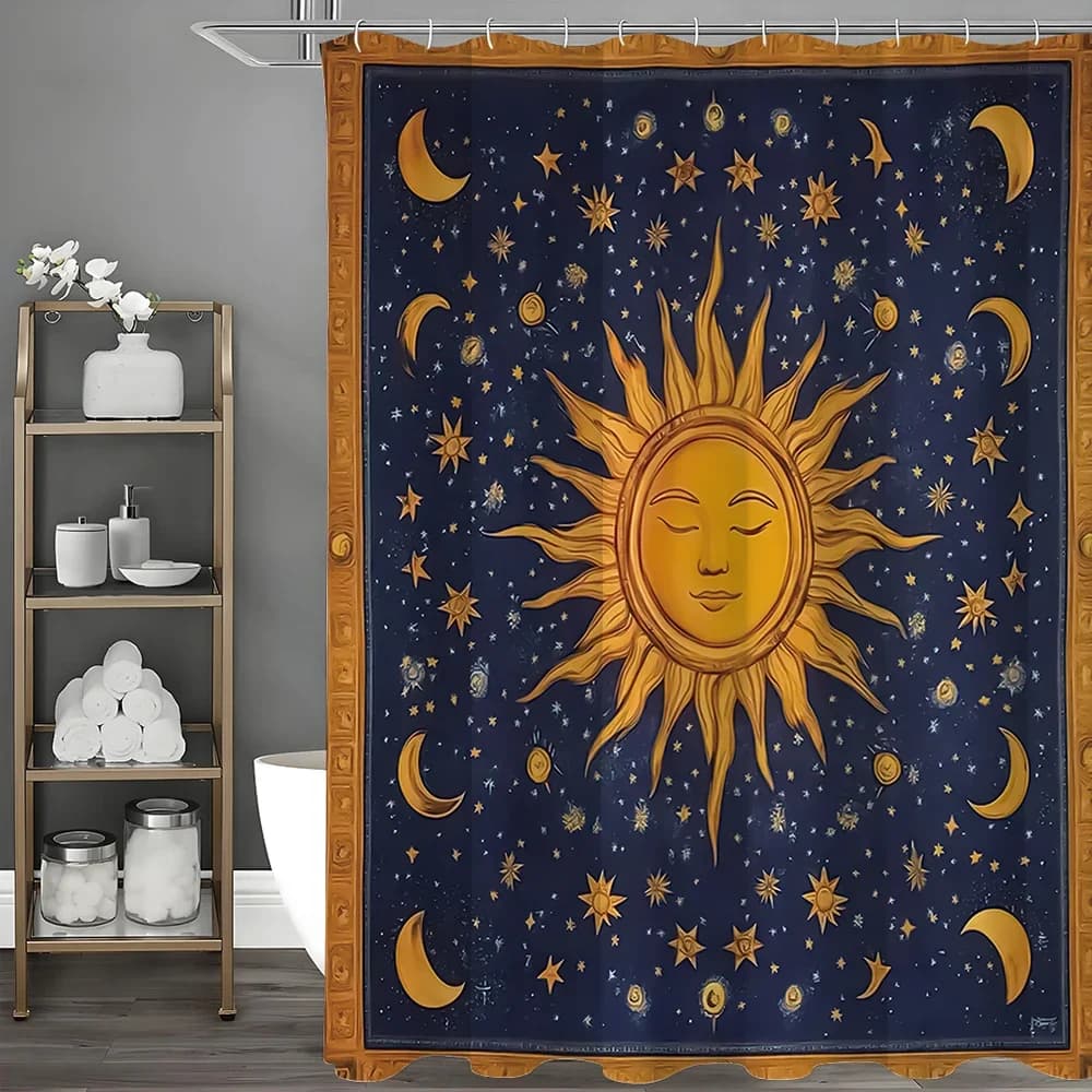Tenda da doccia Sun God Moon Stars, tenda da doccia decorativa per bagno, tenda da doccia impermeabile con ganci