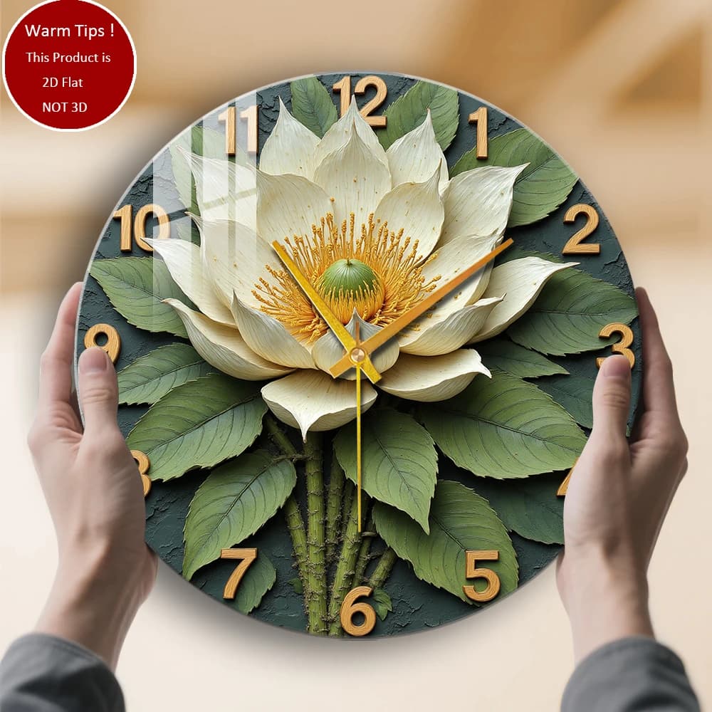 Tempered Glass Wall Clock with lotus flower leaves suitable for wall decorations or table displays everywhere