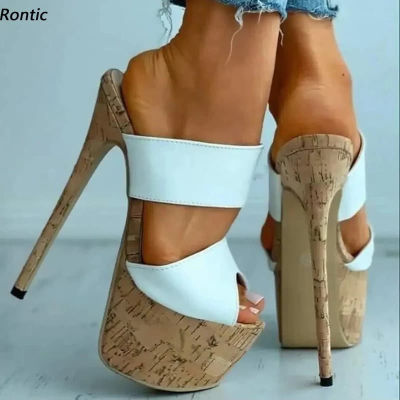 Rontic Handmade Women Platform Mules Sandals Unisex Sexy Stiletto Heels Peep Toe Elegant White Party Dress Shoes US Size 5-20