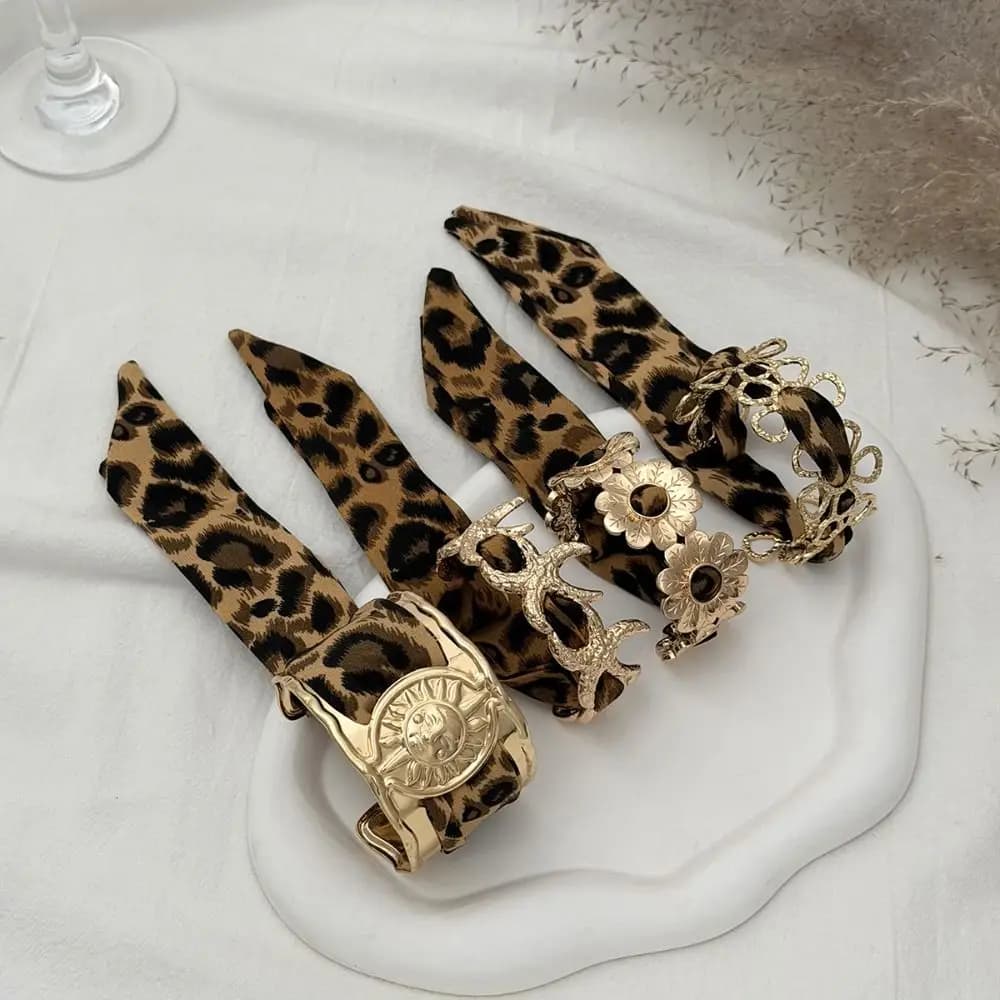 Leopard Print Silk Scarf Cuff Bangles Ribbon-Wrapped Hollow Flower Metal Wide Bracelet Retro Adjustable Ethnic Style Wristband