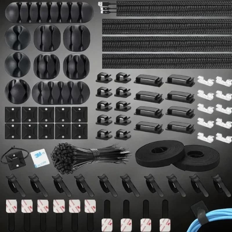 173Pcs Cable Clip Management Sleeve Reusable Cable Tie Self Adhesive Wire Clips Mount Base Desk Cable Management Organizer Kit