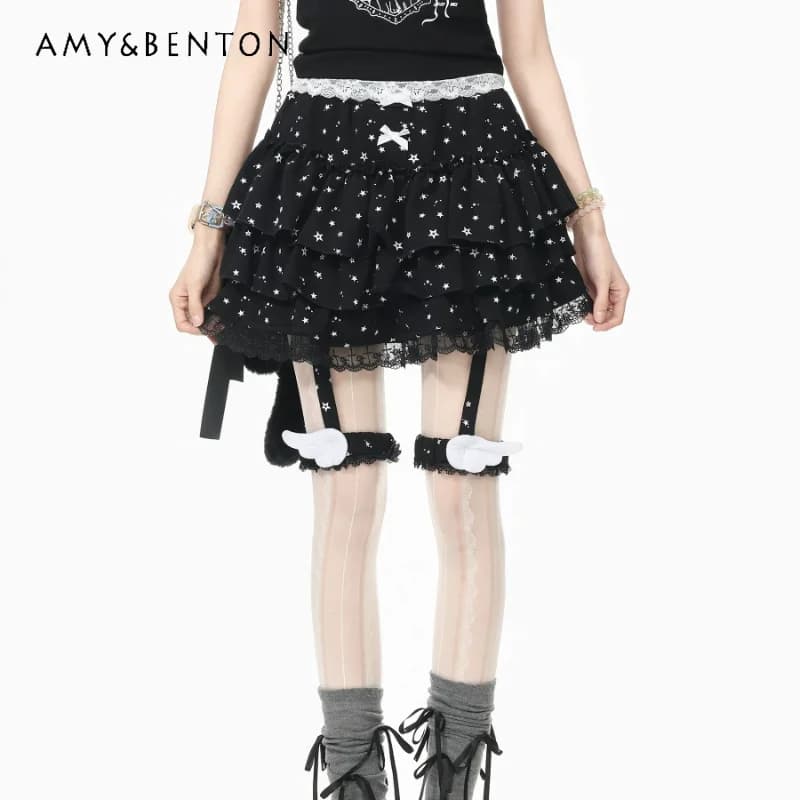 Minigonna da donna in pizzo traforato con design giapponese, nuova collezione estate 2026, dolce, fresca, carina, con fiocco, versatile, gonna corta da donna