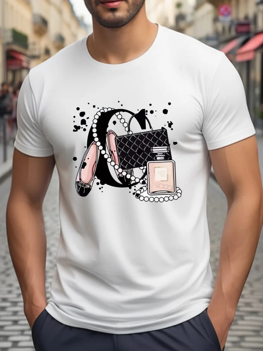White short sleeve t-shirt with fashionable pattern depicting bag, perfume, lipstick and pearl necklace