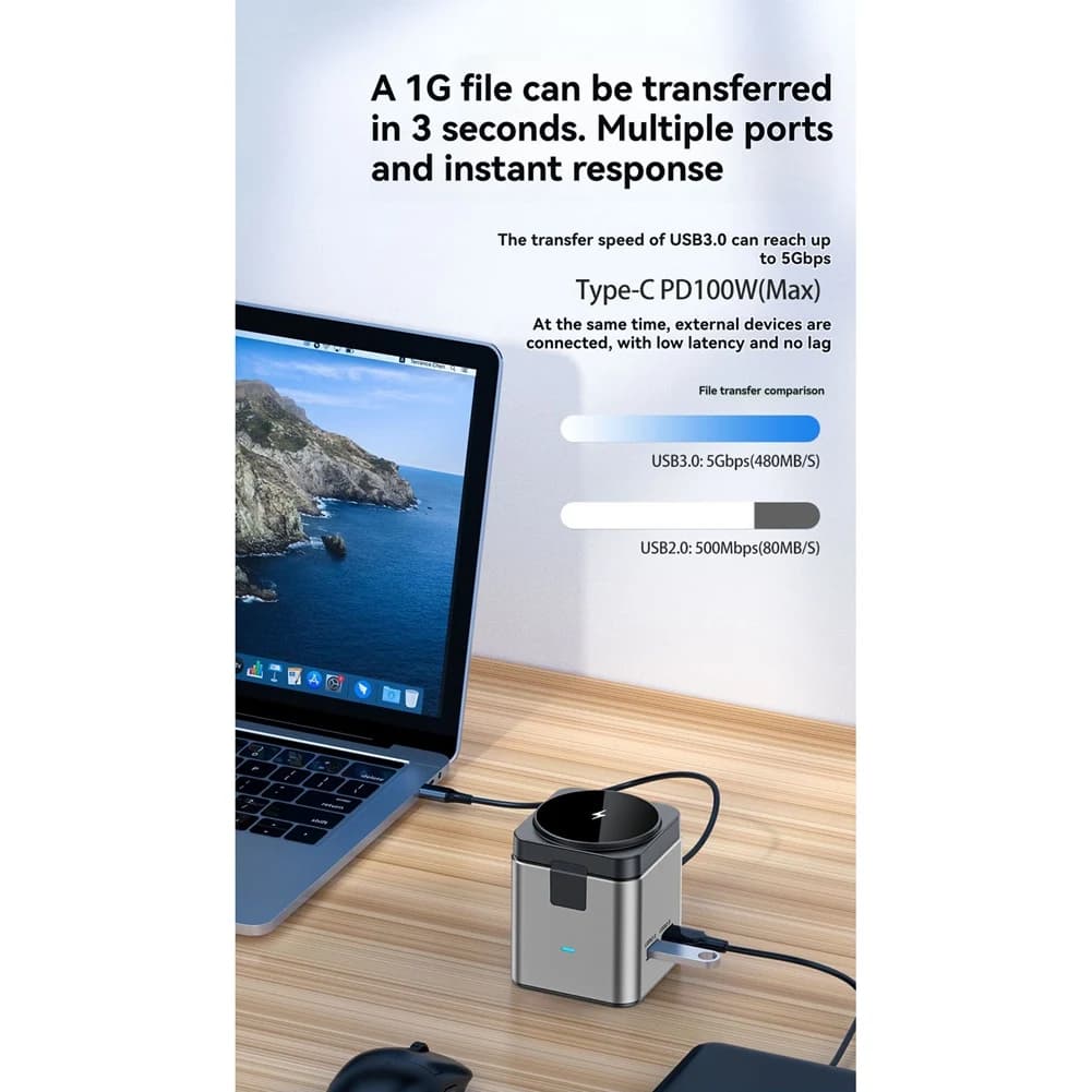 A26Z 7 in 1 Type-C Docking Station Magnetic 15W Wireless Charger Stand USB-C HUB with USB3.0 USB2.0 HD 4K@30Hz PD100W