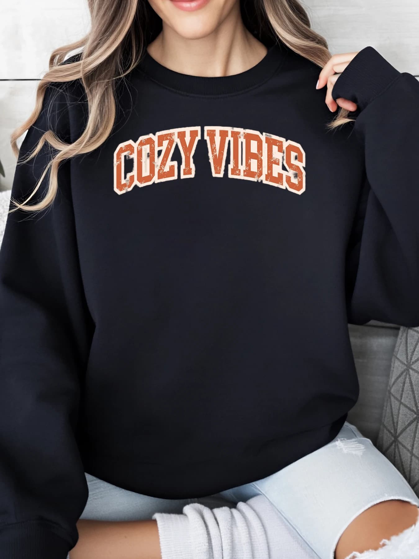 Felpa con stampa Vibes accoglienti Abbigliamento casual da donna di Halloween Nero Taglie forti