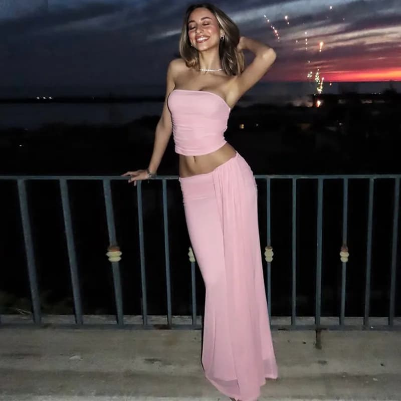 Tuularose Abito lungo rosa Set da 2 pezzi Set gonna lunga con fasciatura superiore senza spalline sexy senza schienale Set di abiti da donna per le vacanze estive