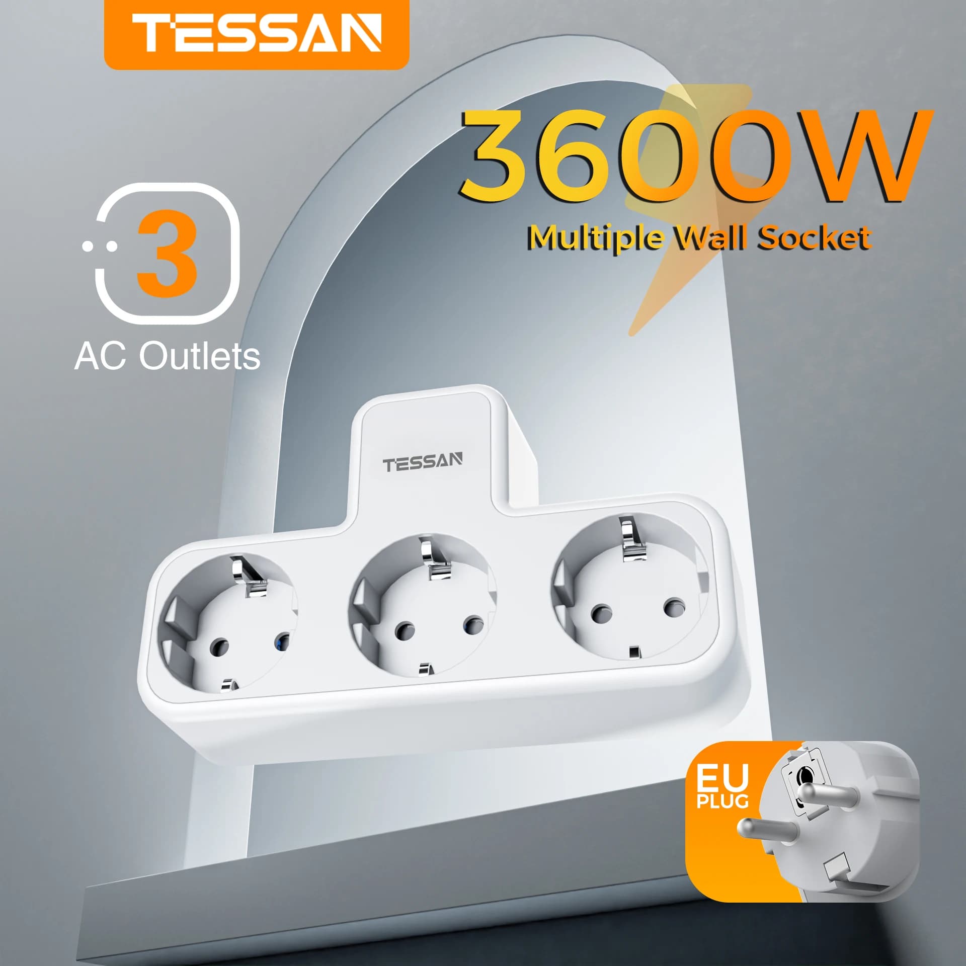 TESSAN Adattatore Multipresa da Parete con 3 Prese 3600W Spina EU Presa USB C con Protezione da Sovraccarico per Casa e Ufficio
